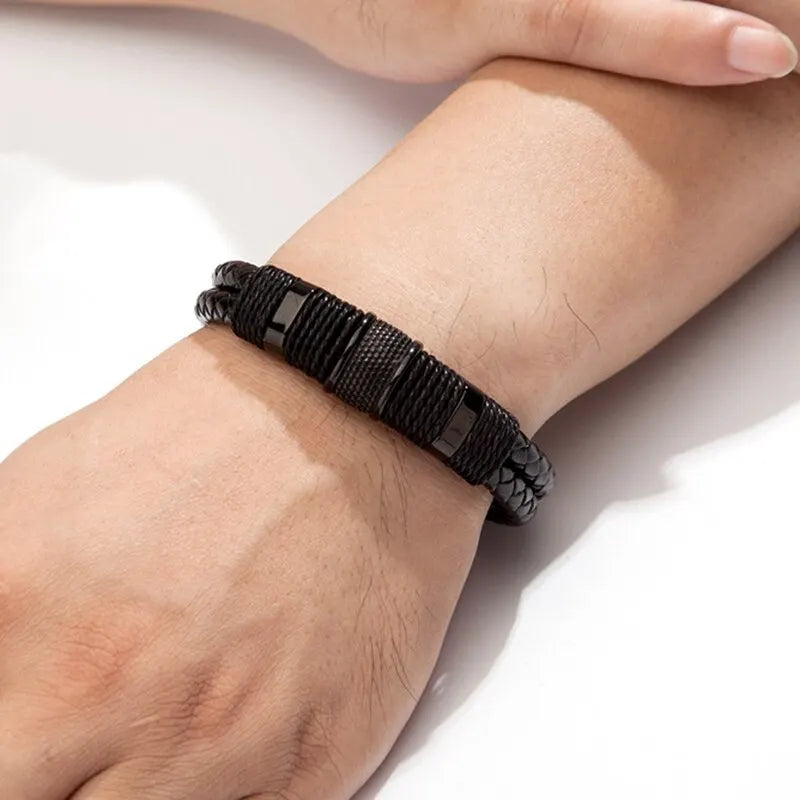 Flätat läderarmband för män – rostfritt stål