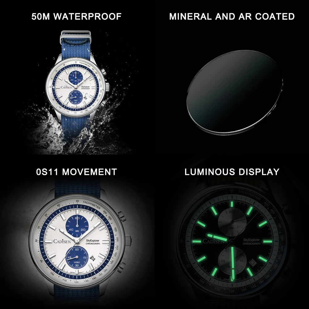 CADISEN 7066 kronograf herrklocka – Miyota 0S11 quartz, canvasarmband, 5ATM