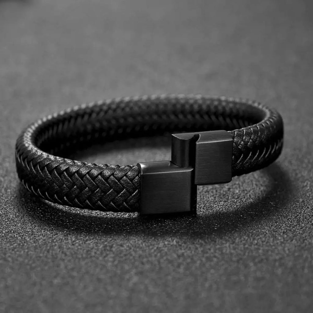 Retro läderarmband för män – Flätat läder, svart