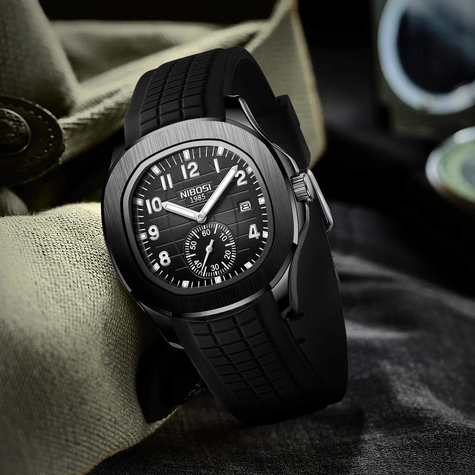 NIBOSI Herrklocka – Fyrkantig quartzklocka i rostfritt stål med datum