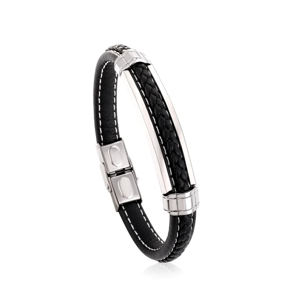 Läderarmband herr multilayer – svart armband i rostfritt stål