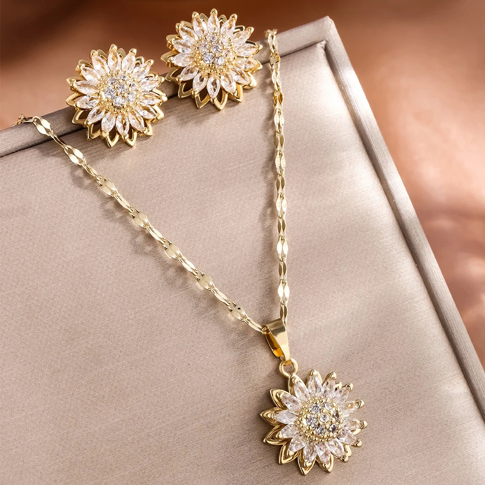 Halsband dam – solros halsband med kristall i rostfritt stål