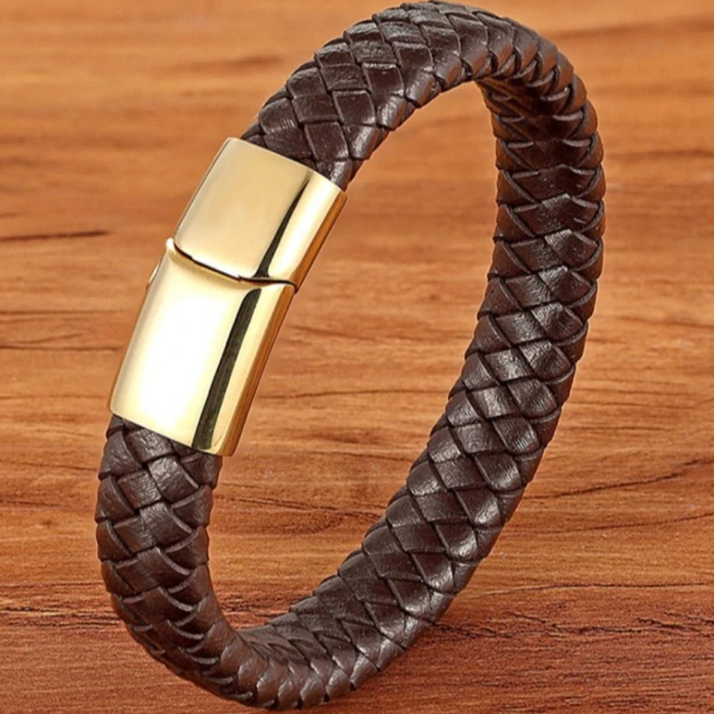 Flätat läderarmband för herr – rostfritt stål och geometrisk design