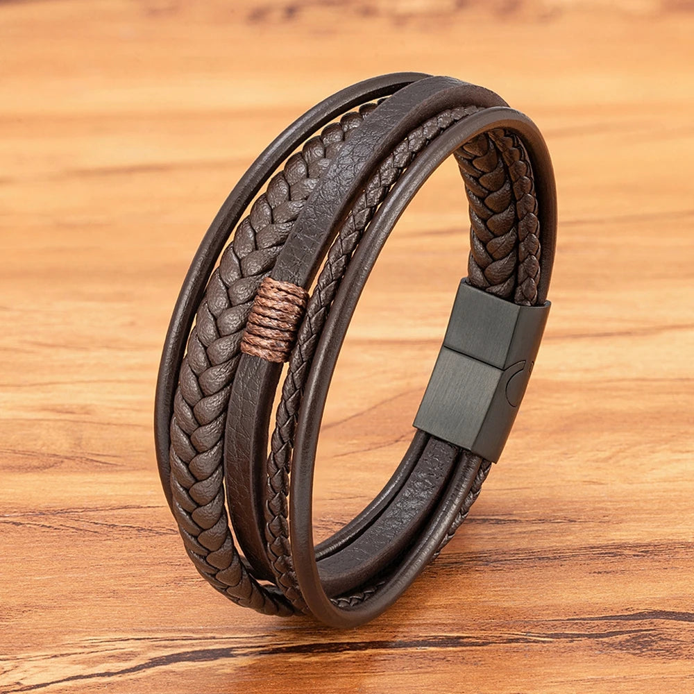 Flätat läderarmband för herr – multilager med rostfritt stål