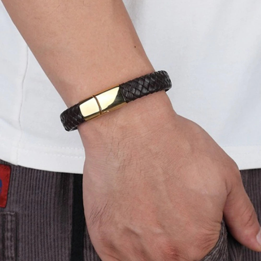 Flätat läderarmband för herr – rostfritt stål och geometrisk design