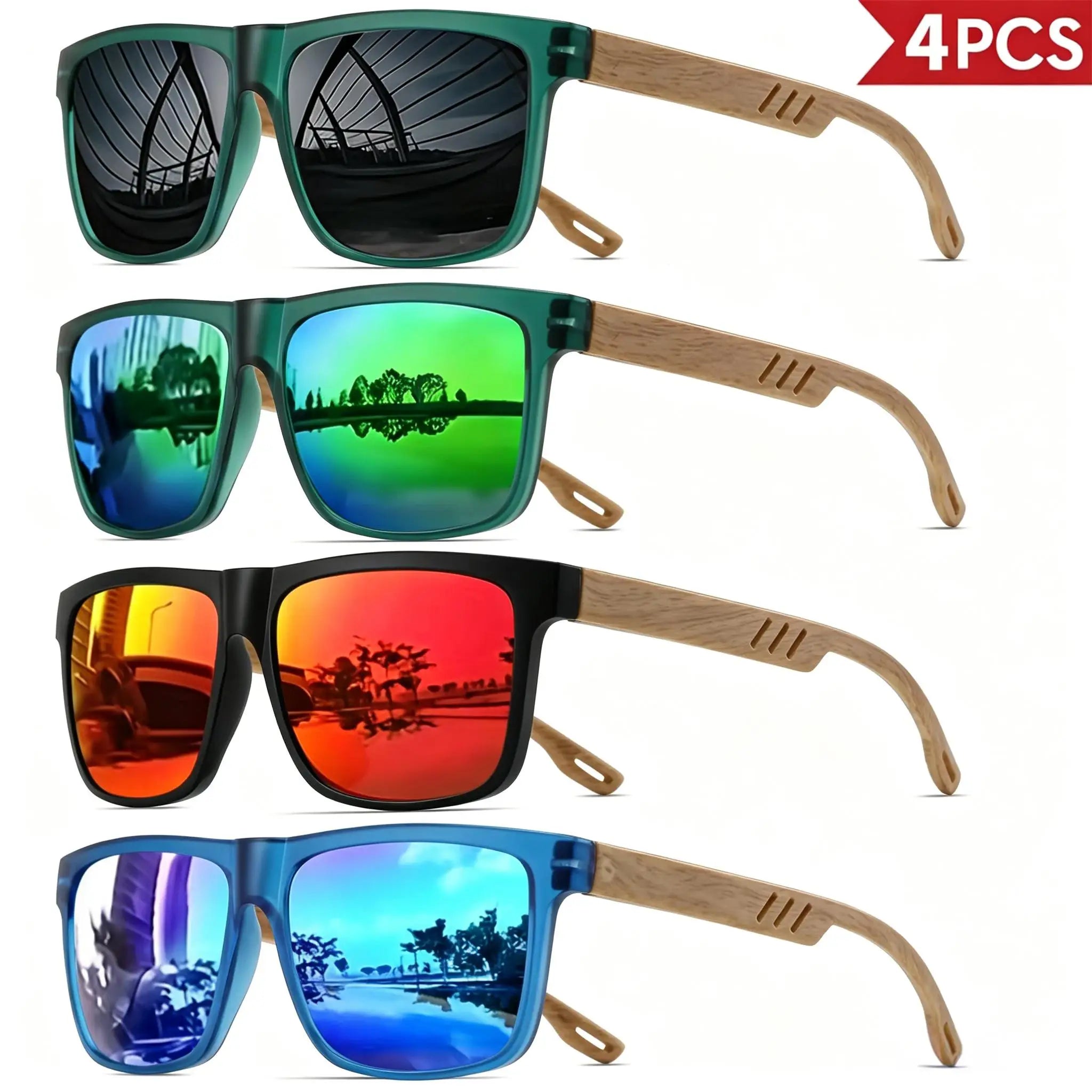 4-pack Solglasögon Trälook – Retro Fyrkantiga Unisex