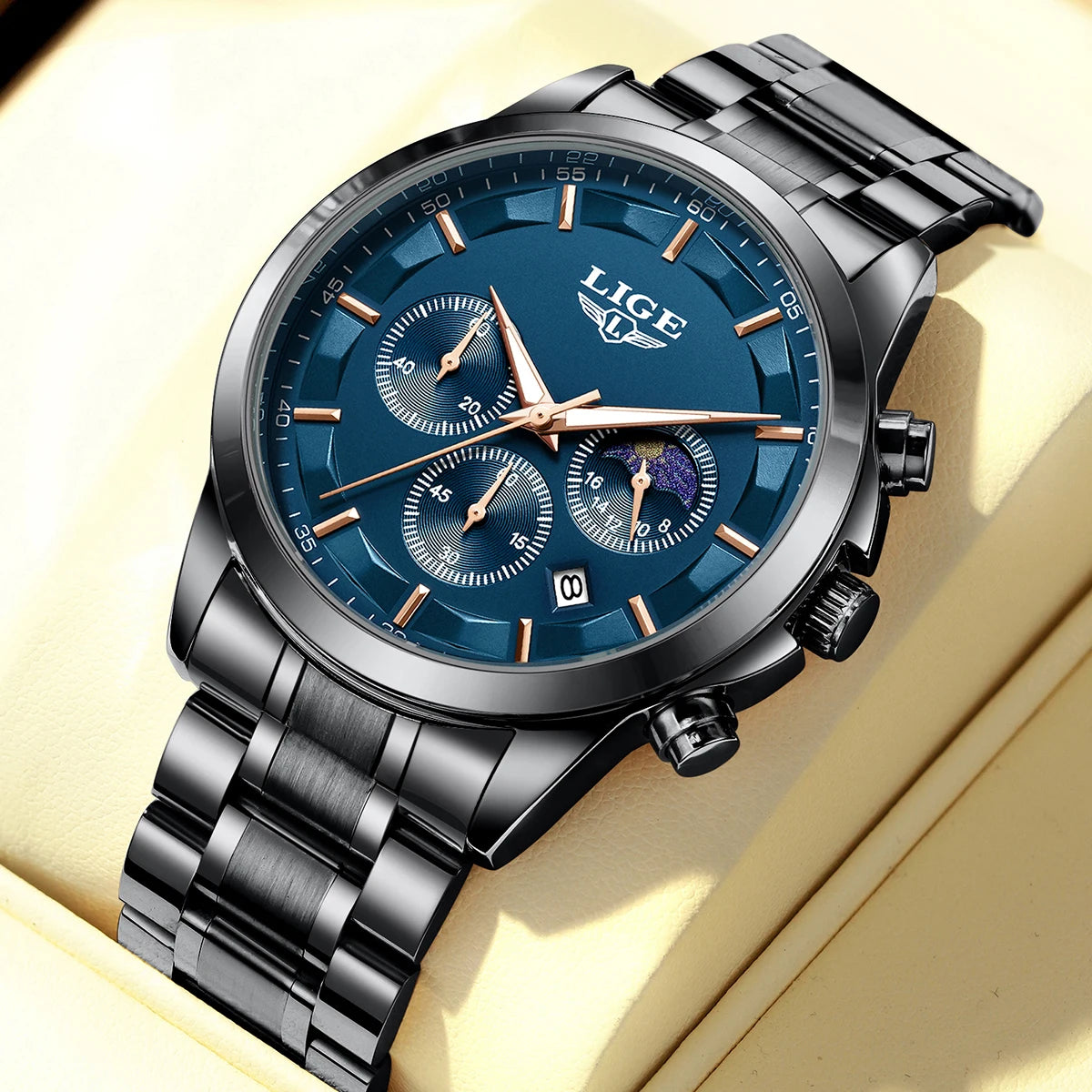 LIGE herrklocka quartz med månfas och datum